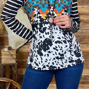 Cow/Aztec printed long sleeve top